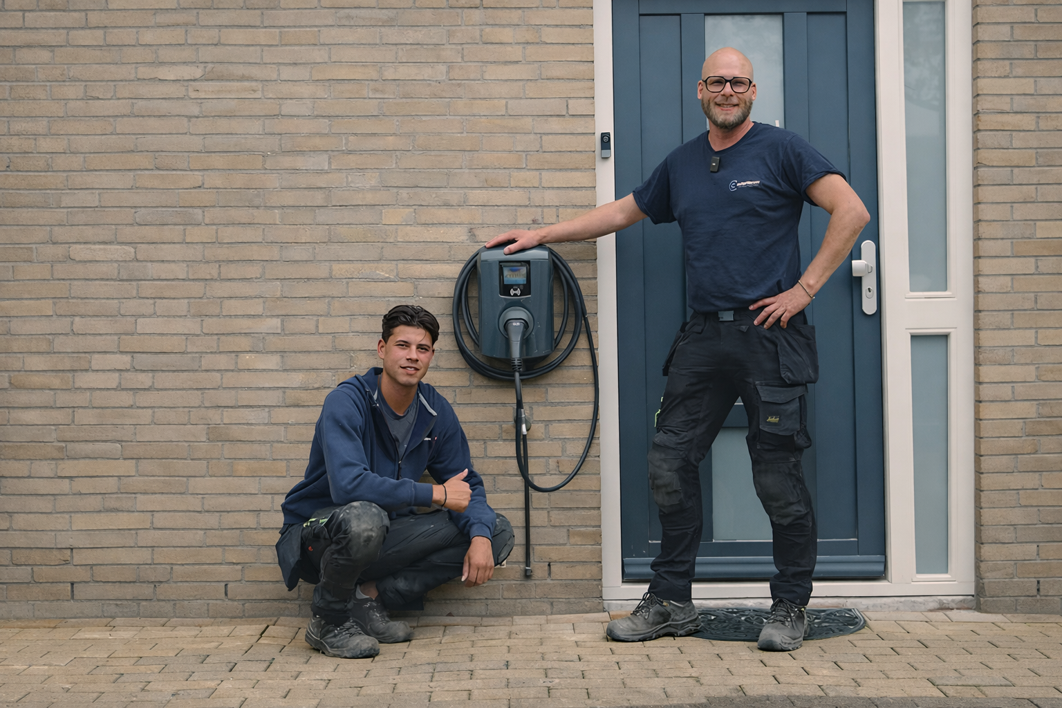 ChargeCars monteurs installeren laadpaal aan gevel