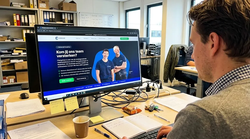 Collega bekijkt de vernieuwde ChargeCars-website op kantoor